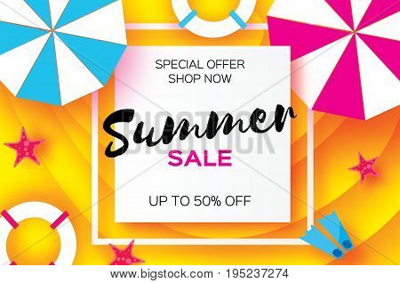 Summer Sale Template banner. Beach rest. Summer vacantion poster. Top view on colorful beach elements. Square frame with space for text. Paper art style. Vector