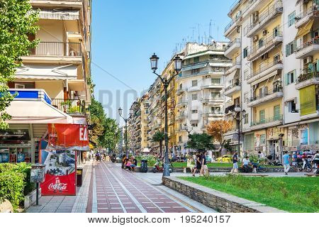 THESSALONIKI GREECE - SEPTEMBER 17 2016: Dimitriou Gounari street - pedestrian area in city centre