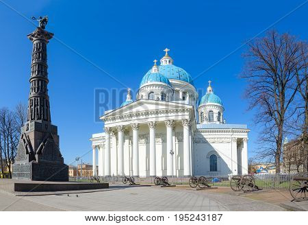 SAINT PETERSBURG RUSSIA - MAY 2 2017: Cathedral of Holy Life-Giving Trinity of Life Guards Izmailovsky Regiment (Trinity-Izmaylovsky Cathedral Trinity Cathedral) and Column of Glory St. Petersburg