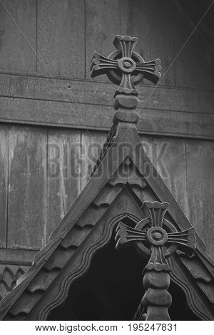 Norwegian restored stave church detail. Fantoft. Bergen. Norway heritage. Tourism