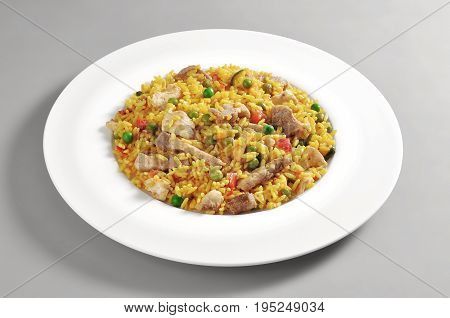 Dish with a portion of meat paella isolated on grey background