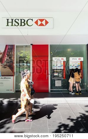 Melbourne, Australia - February 23, 2017: HSBC is a British bank with origins in Hong Kong and Shanghai. This branch is on Swanston Street in central Melbourne.