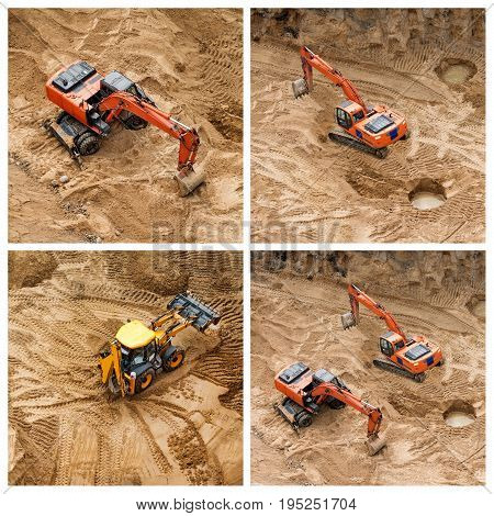 Set of excavators at sandpit during earthmoving works. Construction of concrete foundation of new building