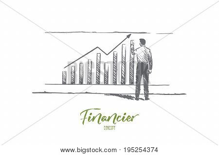 Financier concept. Hand drawn businessman builds graphics. Male finane analyst isolated vector illustration.