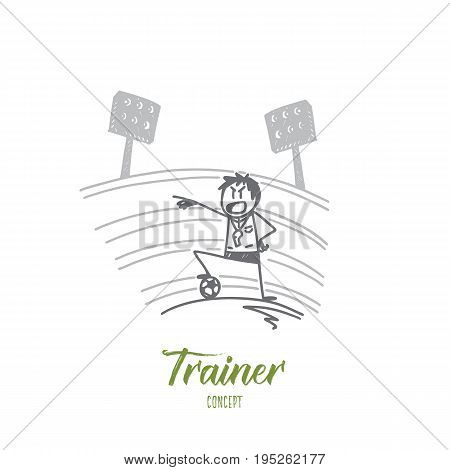 Trainer concept. Hand drawn trainer and football soccer tournament. Coach on the football field isolated vector illustration.