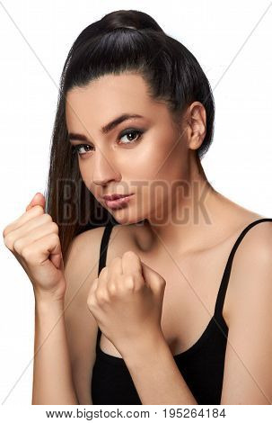 Studio Portrait Of A Young Woman Pose As A Boxer.fashion . Cute Young Girl.closeup Portraits