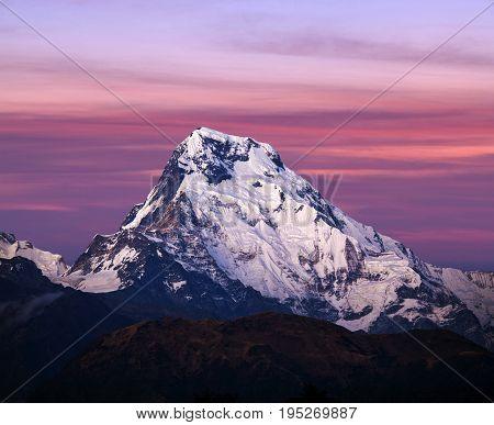 Panorama of mount Annapurna South, also called Annapurna Dakshin or Moditse. View from Poon Hill on Annapurna Circuit Trek in the Nepal Himalaya.