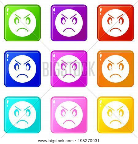Annoyed emoticons of 9 color set isolated vector illustration