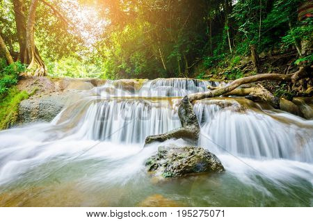 Chet Sao Noi Waterfall Saraburi Thailand with sun light.