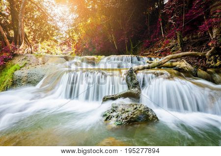 Chet Sao Noi Waterfall Saraburi Thailand with sun light.