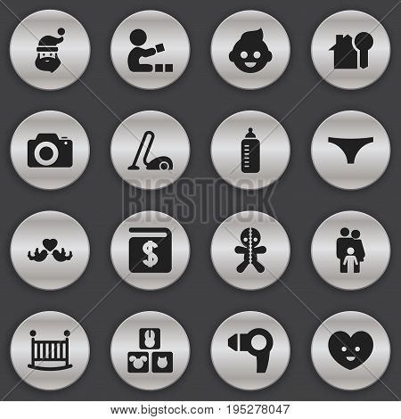 Set Of 16 Editable Relatives Icons. Includes Symbols Such As Blocks, Baby Bottle, Grandpa. Can Be Used For Web, Mobile, UI And Infographic Design.
