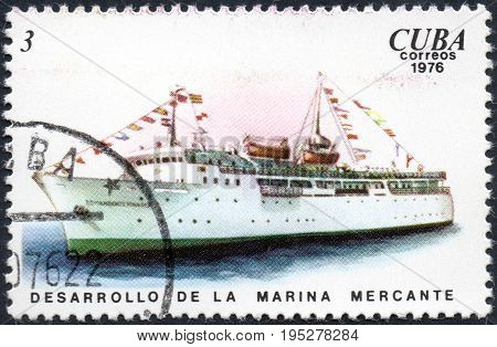 UKRAINE - CIRCA 2017: A postage stamp printed in Cuba shows ship Comandante Pinares Development of the merchant marine from the series Cuban Shipping circa 1976