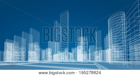 City concept. 3d render image modern construction
