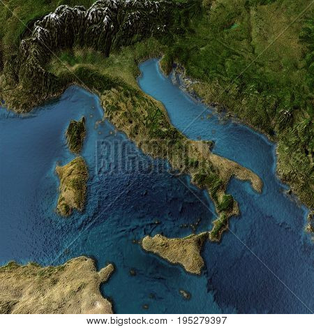 Italy. 3d landscape with shadows, transparent water. Maps courtesy of NASA