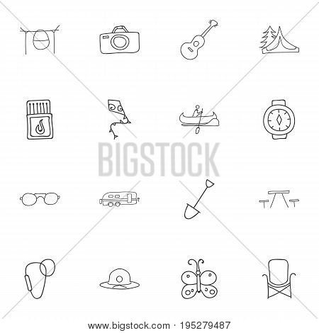 Set Of 16 Editable Travel Icons. Includes Symbols Such As Beauty Insect, Camper, Musical Instrument And More. Can Be Used For Web, Mobile, UI And Infographic Design.