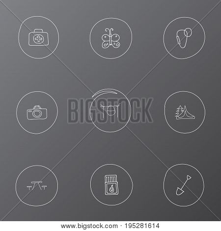 Set Of 9 Editable Camping Icons. Includes Symbols Such As Beauty Insect, Flammable Stick, Medical Kit And More. Can Be Used For Web, Mobile, UI And Infographic Design.