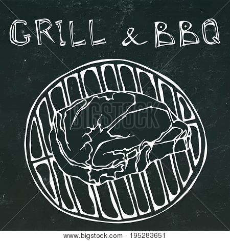 Rib Eye Steak on the Grill for Barbecue. Lettering Grill and BBQ. Isolated on a Black Chalkboard Background. Realistic Doodle Cartoon Style Hand Drawn Sketch Vector Illustration.