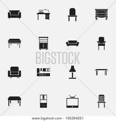 Set Of 16 Editable Furnishings Icons. Includes Symbols Such As Lectern, Stool, Trestle And More. Can Be Used For Web, Mobile, UI And Infographic Design.