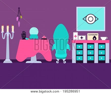 Magic Room fortune teller. Fantasy interior. Vector illustration