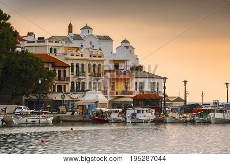 SKOPELOS, GREECE - JUNE 15, 2017: View of the harbour in Skopelos town, Greece on June 15, 2017.