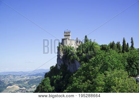 Aerial view of Cesta and The Montale on the cliff edge on Mount Titano. Second Tower. Republic of San Marino inside