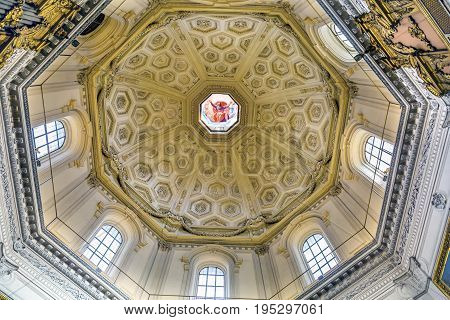 ROME, ITALY - JANUARY 18, 2017 Santa Maria Della Pace Church Basilica Dome Rome Italy. Church built in 1400 and 1500s by Pope Sixtus IV on the spot where a painted Madonna was pierced and blood came out.