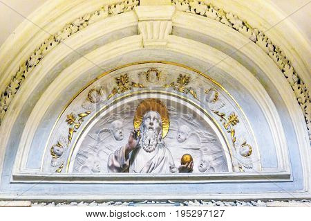 ROME, ITALY - JANUARY 18, 2017 White Gold God White Carving Santa Maria Della Pace Church Basilica Dome Rome Italy. Church built in 1400 and 1500s by Pope Sixtus IV on the spot where a painted Madonna was pierced and blood came out.