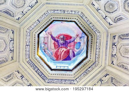 ROME, ITALY - JANUARY 18, 2017 God Painting Dome Santa Maria Della Pace Church Basilica Rome Italy. Church built in 1400 and 1500s by Pope Sixtus IV on the spot where a painted Madonna was pierced and blood came out.