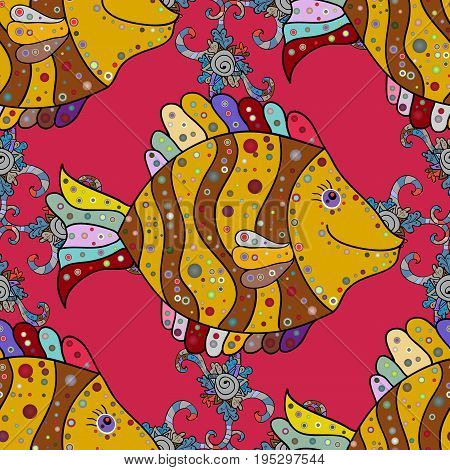 Funny fish outline pattern on colored background with flowers.