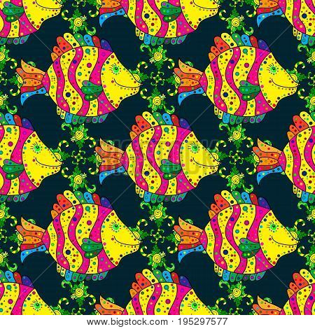 Vector illustration. On colored background. Reaver collection seamless pattern. Hand drawn fish.