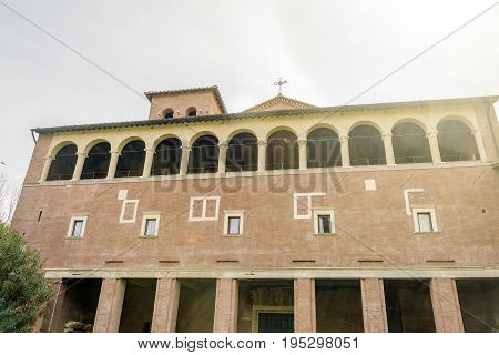 Facade of the ancient basilica church of San Saba in Rome Italy