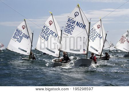 23 July 2015, Young sailors from around the World compete at the 2015 European Optimist Sailing Championships, held at the Welsh National Sailing Centre, Plas Heli, Wales. 