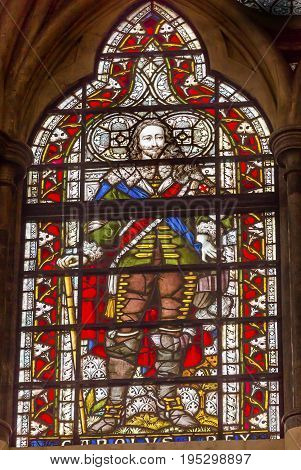 LONDON, ENGLAND - JANUARY 16, 2017 King Charles 1 Stained Glass 13th Century Chapter House Westminster Abbey Church London England. Westminister Abbey has been the burial place of Britain's monarchs since the 11th century and is the setting for many coron