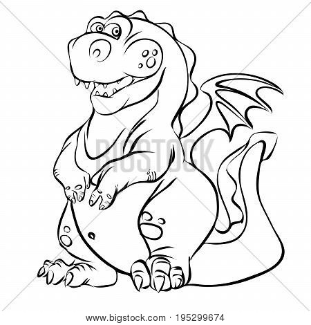 Cartoon dragon line art vector illustration with wings and tail