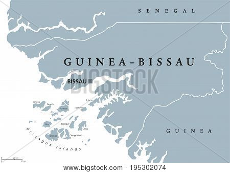 Guinea-Bissau political map with capital Bissau, international borders and neighbors. Republic and country in West Africa. Gray illustration isolated on white background. English labeling. Vector.
