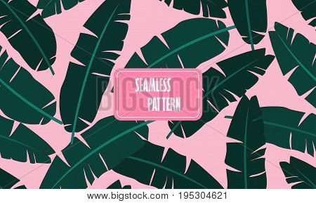 Seamless Tropical Pattern With Banana Leaves. Composition Of Green Palm Banana Leaf On A Light Pink