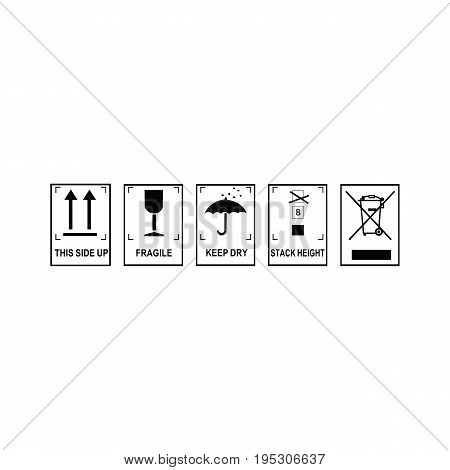 Packaging symbols (Fragile icon, Keep dry icon, This side up icon). Fragile cardboard black signs isolated on a black background. Stock vector illustration