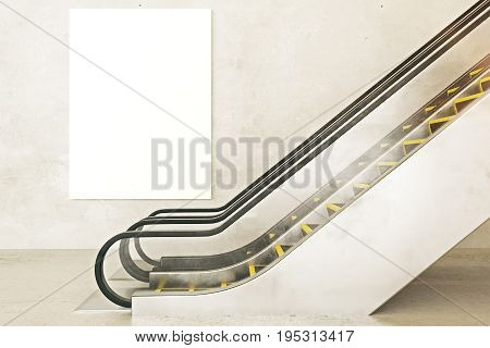 Side view of escalator on concrete background with empty white billboard. Advertisement concept. Mock up 3D Rendering