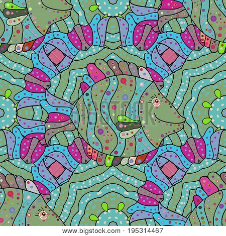 Tropical fish sea fish aquarium fish on colored background. Vector illustration. Sketch - fishes pattern.