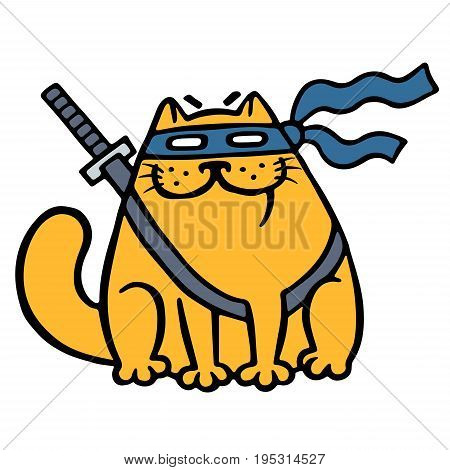 Cute fat ninja cat in a mask and a sword. Funny cartoon cool character. Contour freehand digital drawing. White color background. Isolated vector illustration.