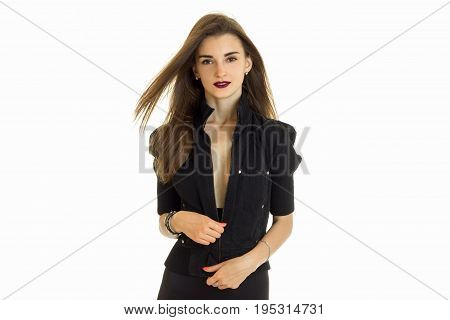 Beautiful young woman in panties and jacket isolated on white background