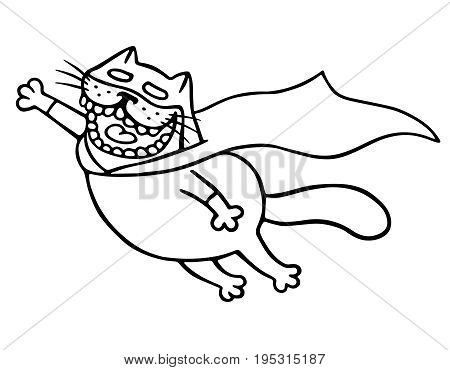 Super cat flies to the rescue. Funny cartoon cool character. Isolated vector illustration. White color background.