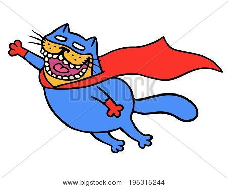 Cute super cat in a raincoat is flying to save the world. Funny cartoon cool character. White color background. Isolated vector illustration.