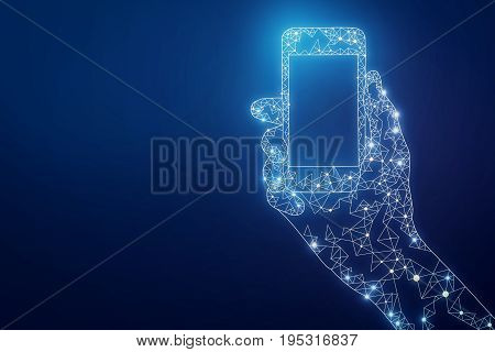 Abstract polygonal hand holding cellphone on blue background with copy space. Technology innovation and communication concept. 3D Rendering