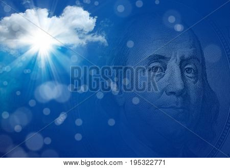 conceptual image of one hundred US dollar bill in blue sky