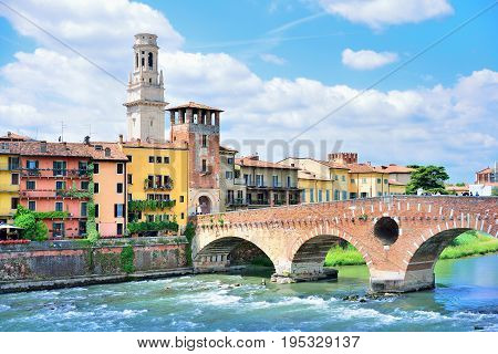 Verona Italy. Scenery with Adige River and Ponte di Pietra.