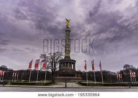 The statue of Victoria on the Victory Column (Siegessäule) at the Großer Stern intersection in Berlin.