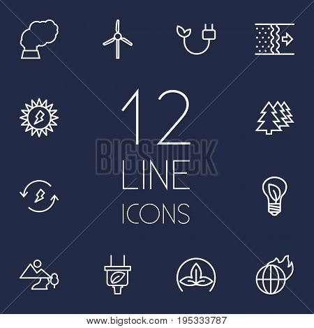 Set Of 12 Bio Outline Icons Set.Collection Of Afforestation, Eco, Wind Turbine And Other Elements.