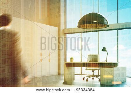 Loft CEO office with a modern interior. Computer table standing near a panoramic window large ceiling lamp a number of closets along a wall. Side view. 3d rendering toned image double exposure