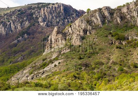 hillside covered with greenery with stone peaks fascinating walk